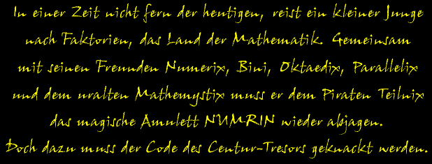 In einer Zeit nicht fern der heutigen, reist ein kleiner Junge nach Faktorien, dem Land der Mathematik. Gemeinsam mit seinen Freunden Numerix, Bini, Oktaedix, Parallelix und dem uralten Mathemystix muss er dem Piraten Teilnix das magische Amulett NUMRIN wieder abjagen. Doch dazu muss der Code des Centur-Tresors geknackt werden.
